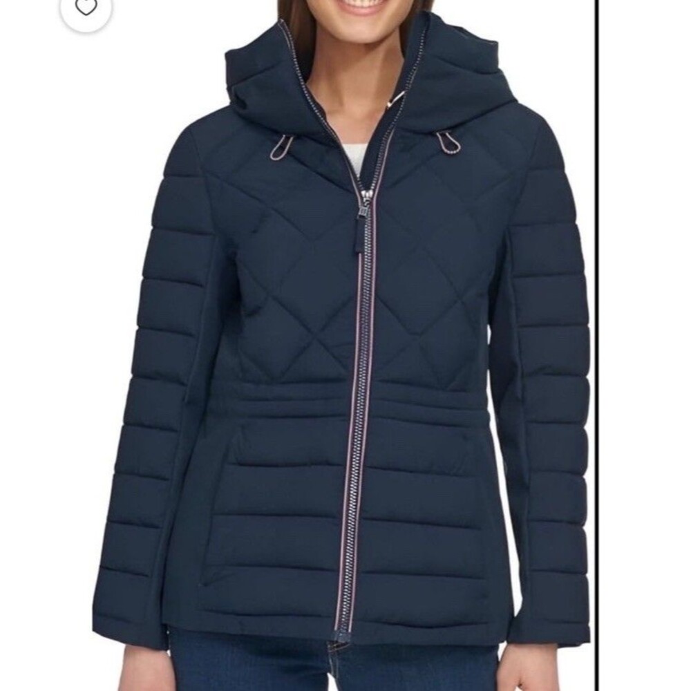 Tommy Hilfiger Women's Hooded Quilted Winter Jacket Coat Navy Blue - S
